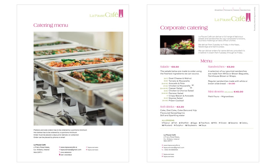 La Pause Cafe catering and corporate menus. Offered as a PDF download it enables clients to choose dishes for their upcoming event.